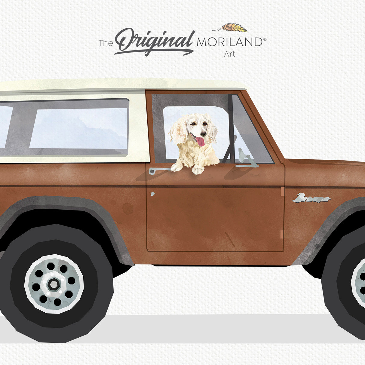 Vintage brown 4x4 vehicle with a Dachshund co-pilot, retro style digital download wall art for kids rooms and dorms.