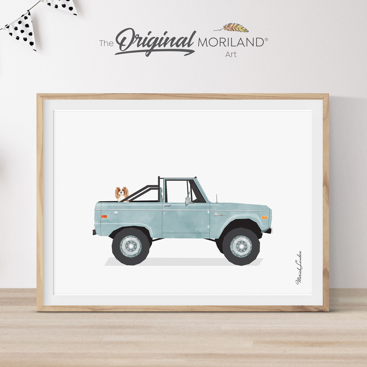 Pale Blue Classic Truck With Cavalier King Charles Spaniel Dog Print - Printable Art