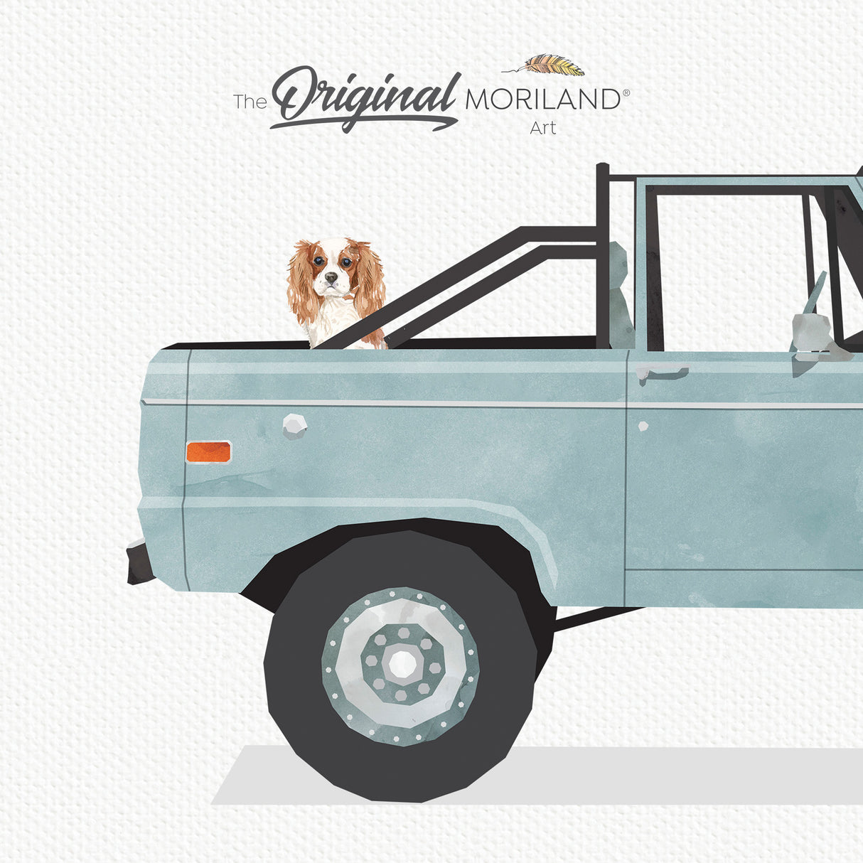 Pale Blue Classic Ford Bronco Truck With Cavalier King Charles Spaniel Dog Print - Printable Art