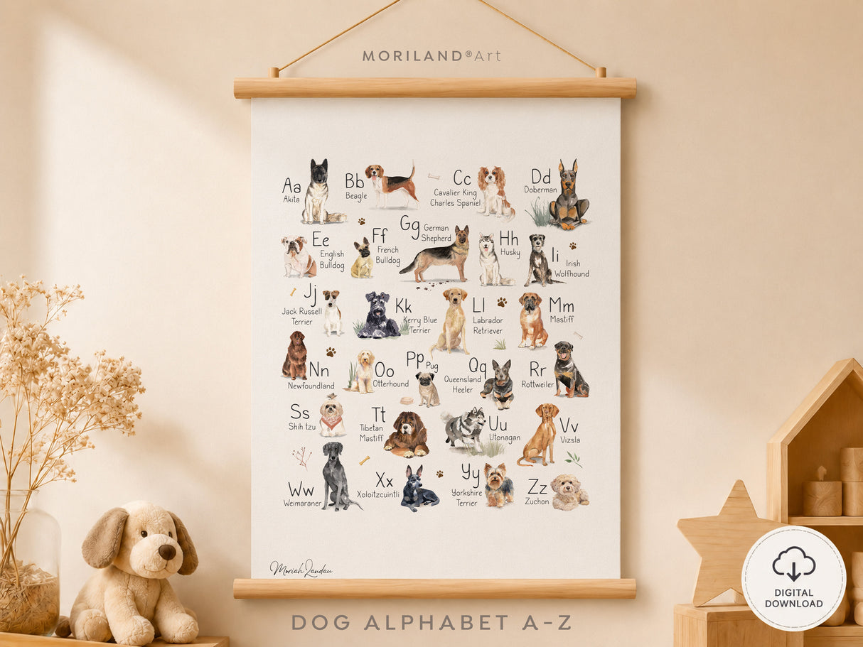 Watercolor dog alphabet poster printable featuring A to Z dog breeds displayed in a neutral puppy-themed nursery