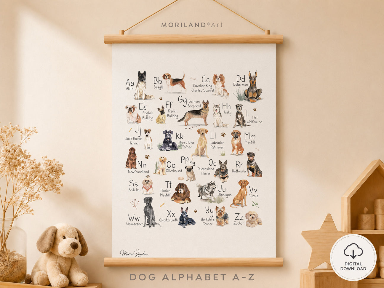 Watercolor dog alphabet poster printable featuring A to Z dog breeds displayed in a neutral puppy-themed nursery