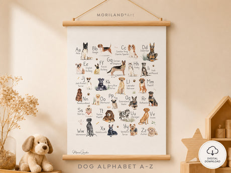 Watercolor dog alphabet poster printable featuring A to Z dog breeds displayed in a neutral puppy-themed nursery