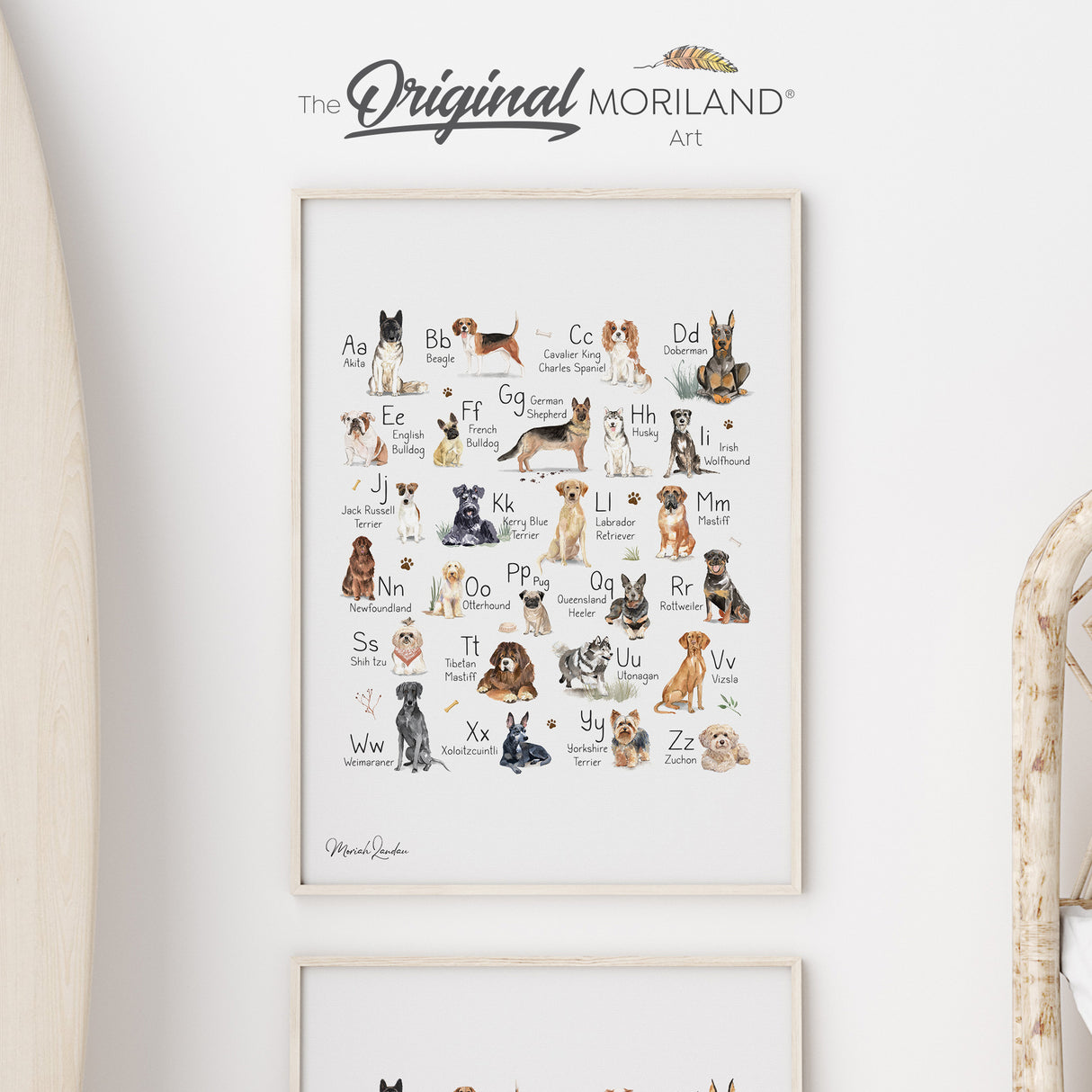 Dog Alphabet Fine Art Paper Print, Dog Alphabet Print, ABC Wall Art, Gifts for Kids, Dogs Alphabet, Dog Nursery Décor, Dog Poster, Dog Lover Nursery, Kids Room, Cavalier King Charles Spaniel, Doberman, English Bulldog, German Shepherd, Vizsla, Irish Wolf Hound, Jack Russell, Kerry Blue Terrier, Mastiff, Otterhound, Pug, Rottweiler, Shih Tzu, Utonagan, Yorkshire Terrier, Xoloitzcuintli, Zuchon | MORILAND®