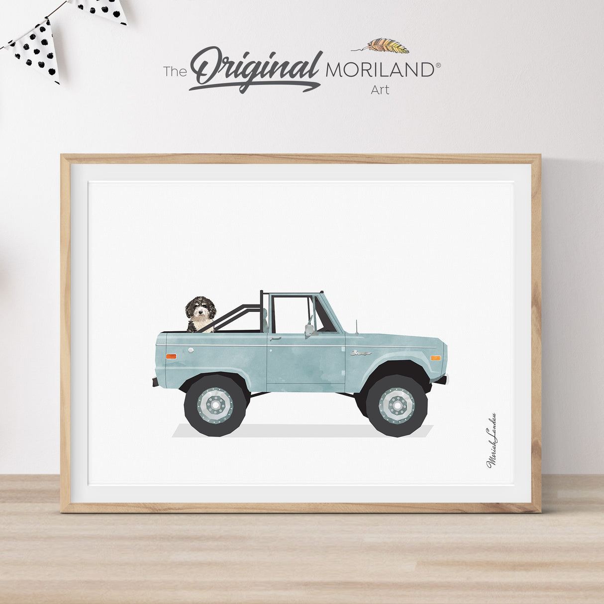 Pale Blue Classic Truck With Bernedoodle Dog Print - Printable Art