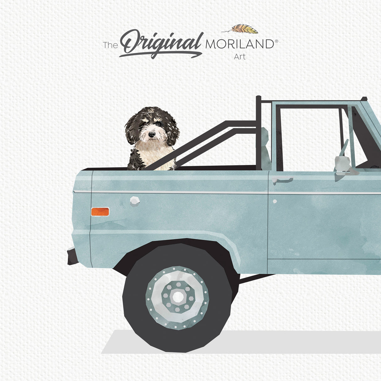 Pale Blue Classic Ford Bronco Truck With Bernedoodle Dog Print - Printable Art