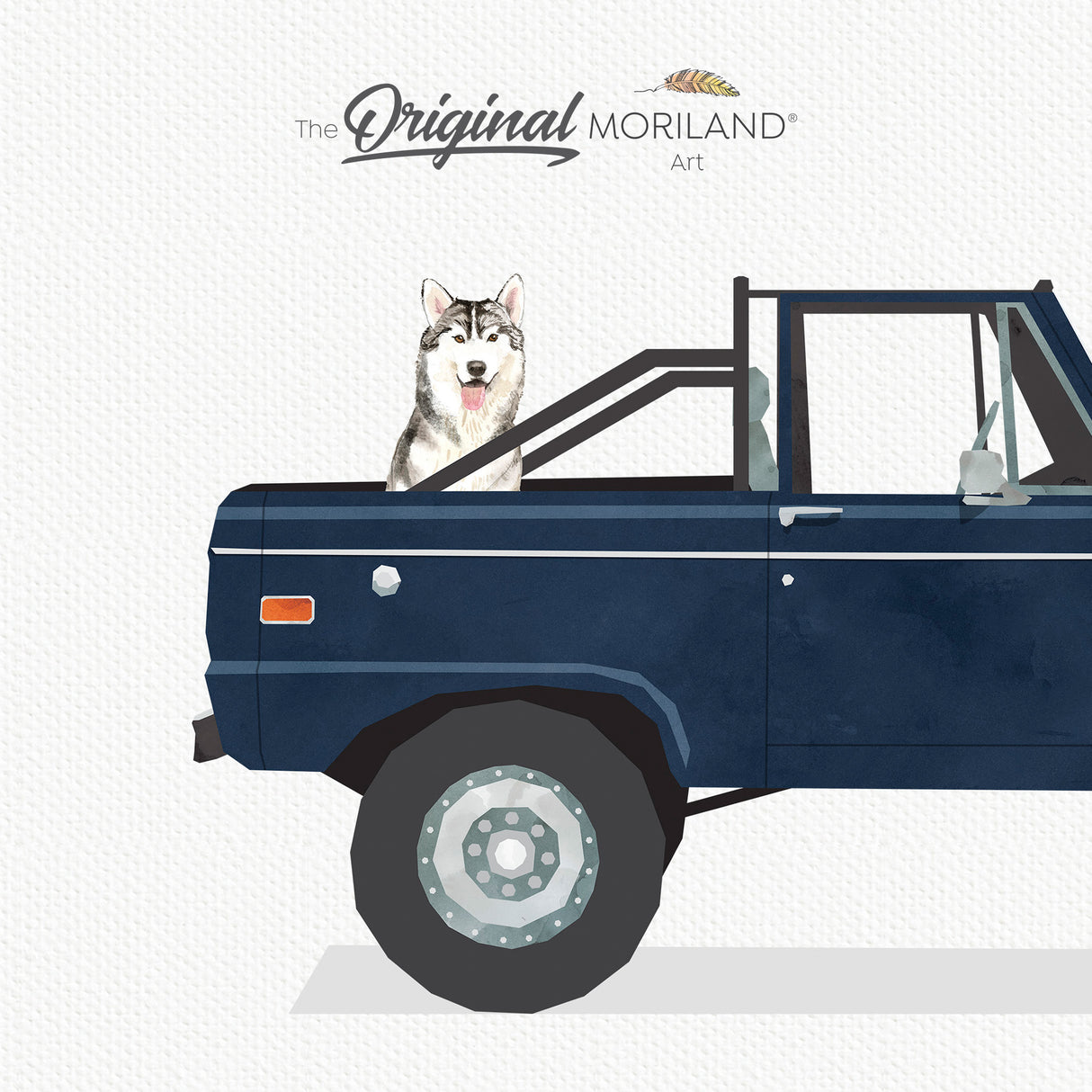 Navy Blue Classic Ford Bronco Truck With Husky Dog Print - Printable Art, for oy nursery décor, dog lover gift