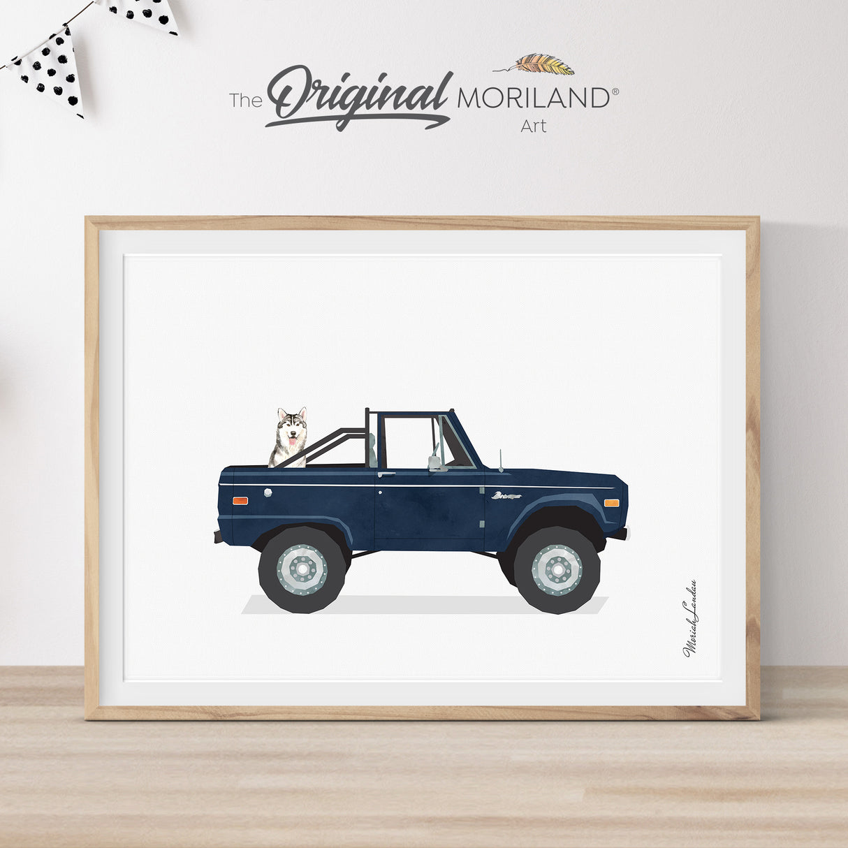 Navy Blue Classic Truck With Husky Dog Print - Printable Art