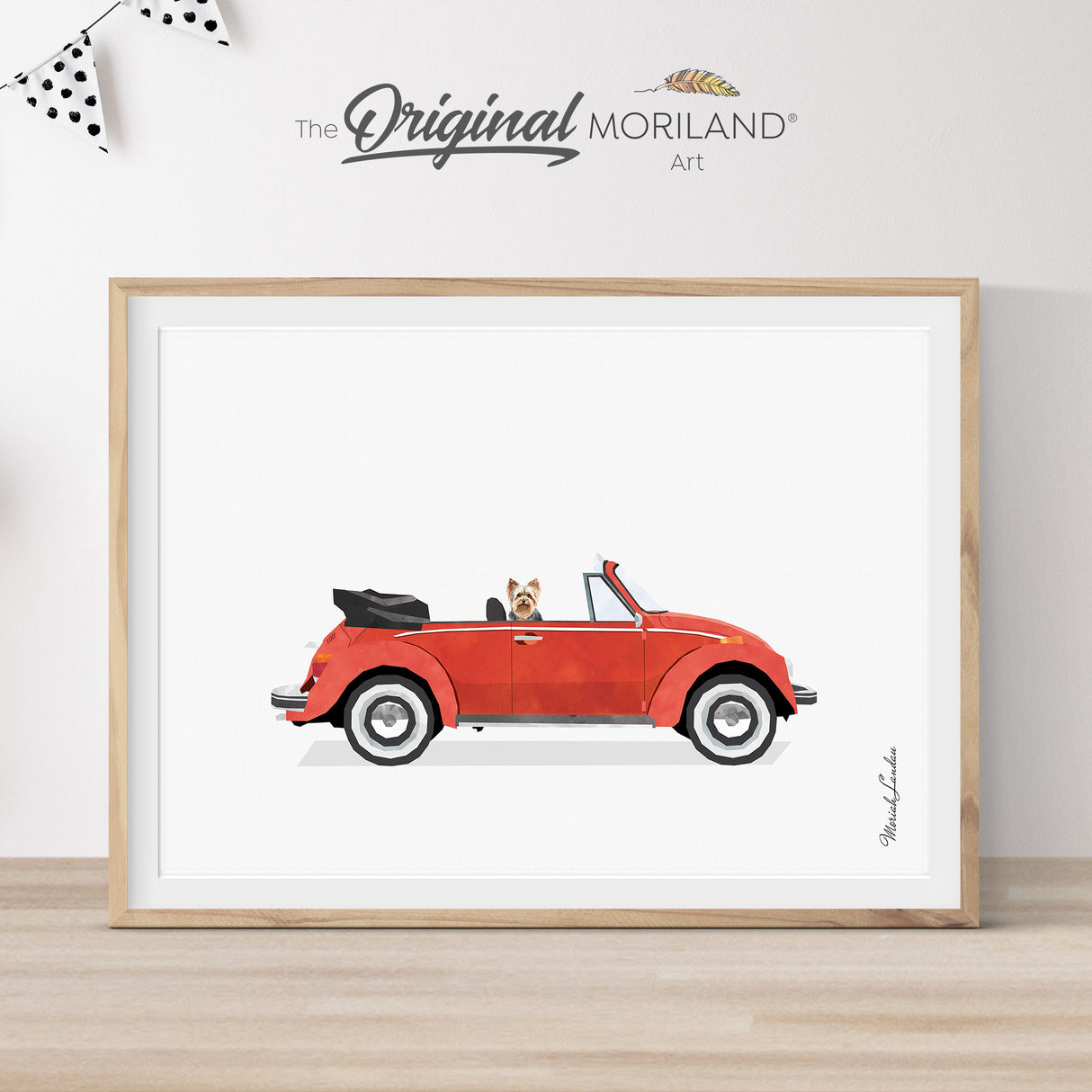 Red Classic Convertible Car With Yorkshire Terrier Dog Print - Printable Art