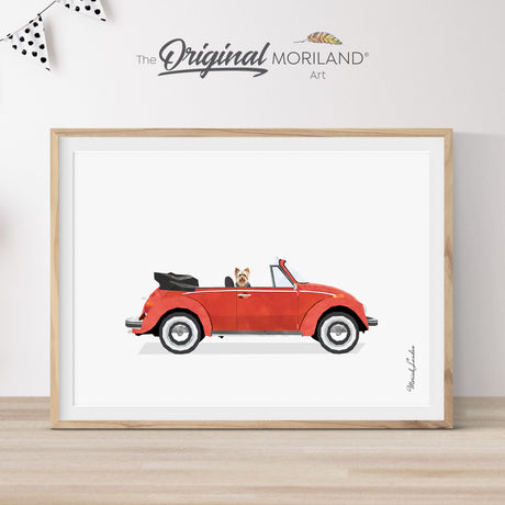 Red Classic Convertible Car With Yorkshire Terrier Dog Print - Printable Art