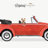 Red Classic Convertible VW Beetle Bug Car With Yorkshire Terrier Dog Print - Printable Art, Nursery Décor, Wall Art for Kids Room, Dog Lover Gift