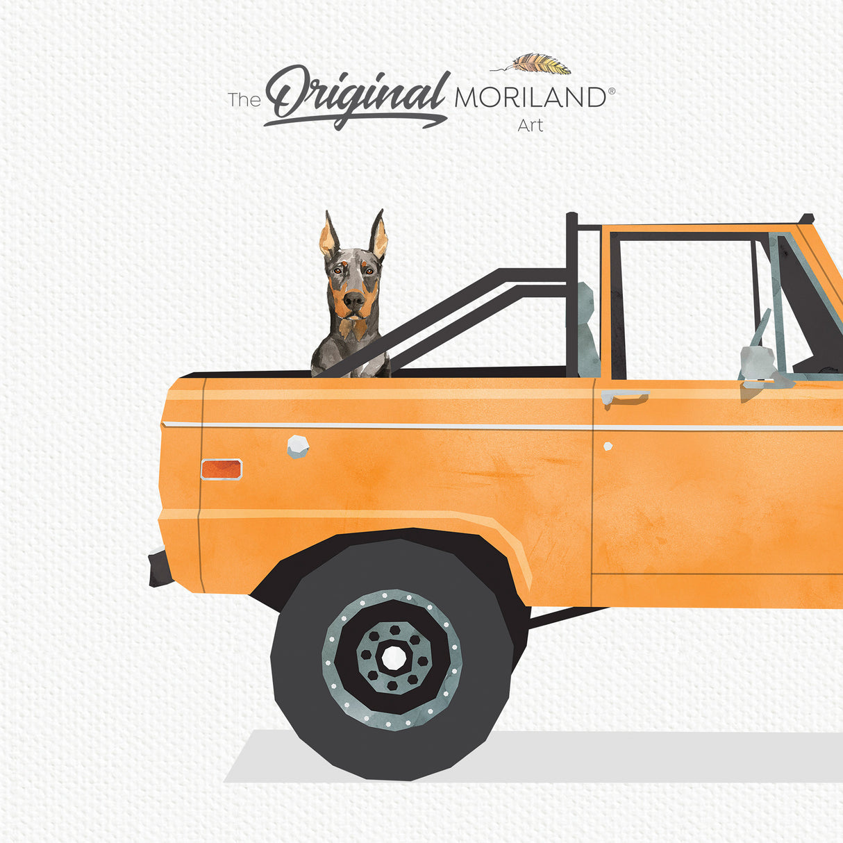 Orange Classic Ford Bronco Truck With Doberman Dog Print - Printable Art