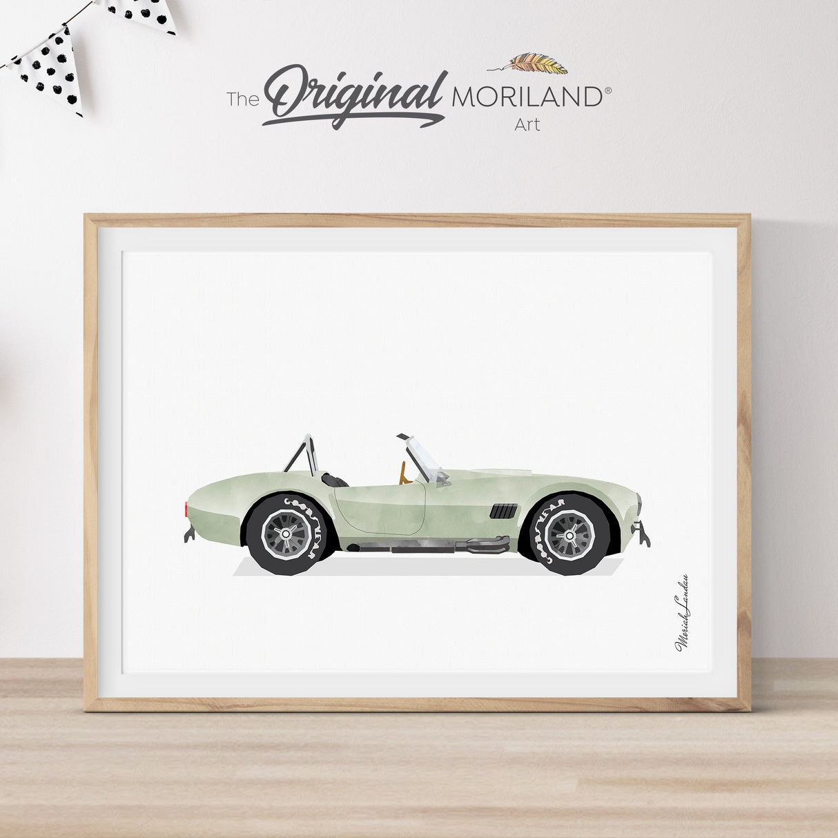 Digital art print of a classic sage green vintage roadster with white racing stripes on a light gray textured background. Iconic retro sports car wall art by MORILAND, perfect for a nursery, office, or automotive enthusiast gift.