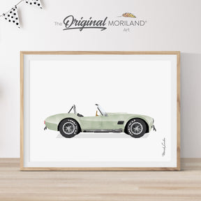 Digital art print of a classic sage green vintage roadster with white racing stripes on a light gray textured background. Iconic retro sports car wall art by MORILAND, perfect for a nursery, office, or automotive enthusiast gift.