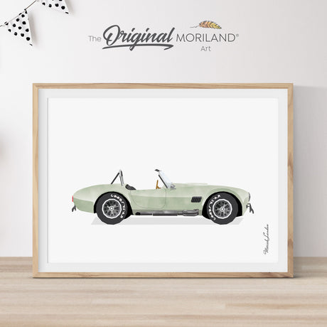 Digital art print of a classic sage green vintage roadster with white racing stripes on a light gray textured background. Iconic retro sports car wall art by MORILAND, perfect for a nursery, office, or automotive enthusiast gift.