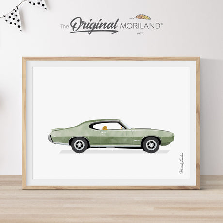 Sage Green Classic Muscle Car 1969 Pontiac GTO Print – Printable Wall Art for Car Enthusiasts