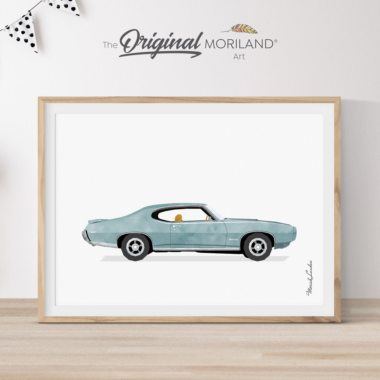 Pale blue classic 1969 Pontiac GTO muscle car print, perfect for car enthusiasts. Printable wall art featuring a sleek vintage muscle car, ideal for father gifts, boy nurseries, older boys' bedrooms, modern teen boy rooms, and toddler car-themed rooms