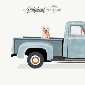 Pale Blue Ford F-100 Vintage Truck with Golden Retriever Dog Print - Printable Art