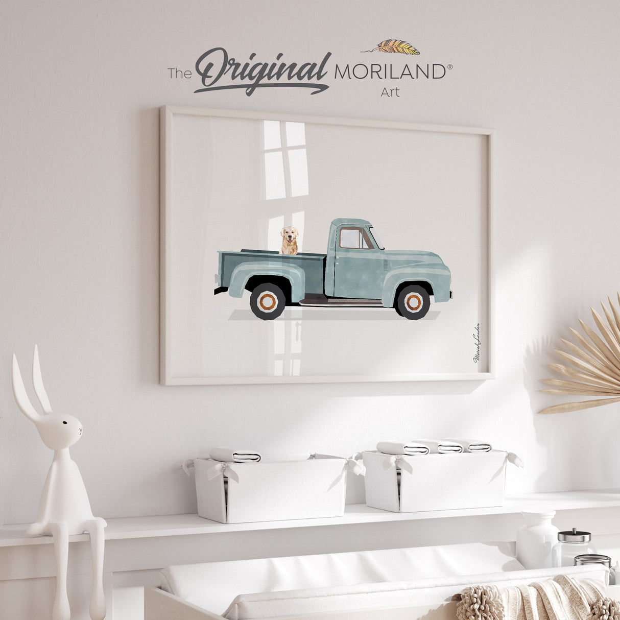 Pale Blue Vintage Truck with Golden Retriever Dog Print - Printable Art