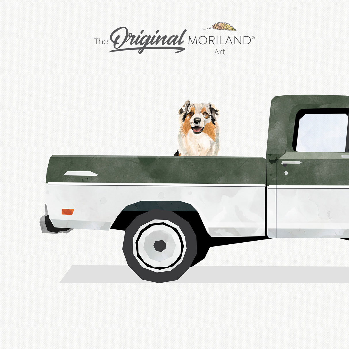 Dark Green Vintage Classic Ford F-100 Truck with Australian Shepherd Dog Print - Printable Art, for kids room decor