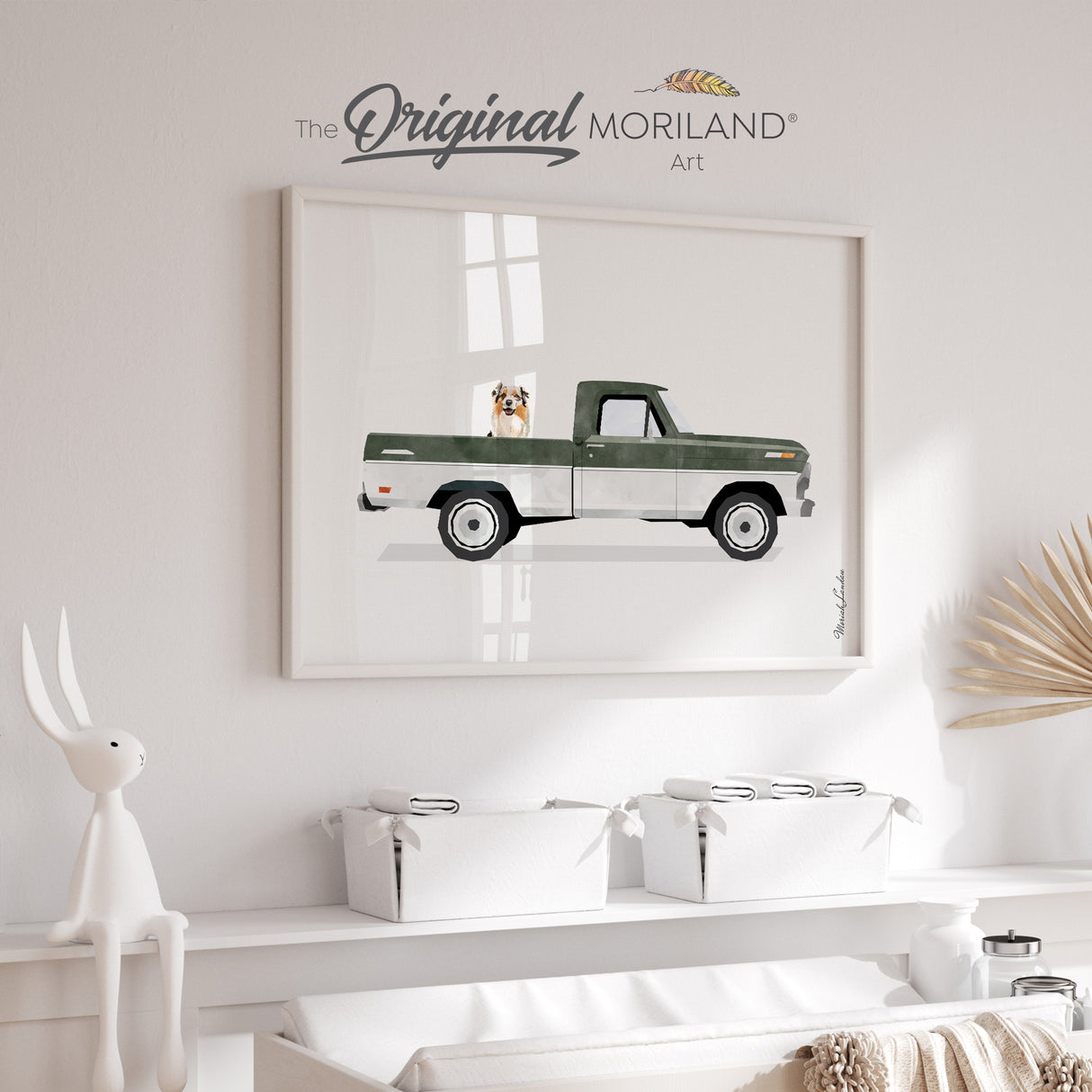 Dark Green Classic Truck with Australian Shepherd Dog Print - Printable Art