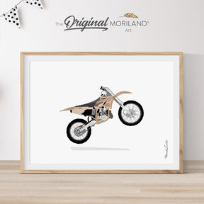 Printable art of a beige dirt bike performing a wheelie, ideal for motocross enthusiasts and adventure lovers.
