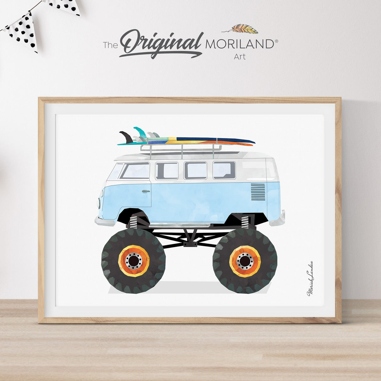 Baby Blue Monster Truck VW Van with Surfboard Print - Printable Art for kids nursery room decor