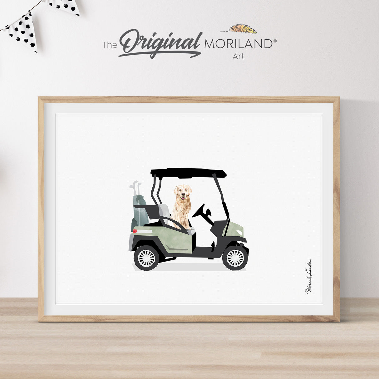 Sage green golf cart print featuring a Golden Retriever dog, perfect for nursery, big boy room, teen room, or dorm decor.