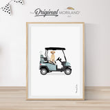 Printable art of a pale blue golf cart with a Labrador Retriever dog, designed in a vertical format, perfect for dog and golf enthusiasts