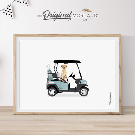 Pale blue golf cart print featuring a Labrador Retriever dog, ideal for nursery, big boy room, teen room, or dorm decor.