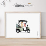 Sage Green Golf Cart with Labrador Retriever Dog and American Flag Print - Printable Art