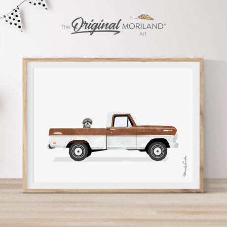 Brown Classic Ford F-100 Ranger Truck with Shih Tzu Dog Print - Printable Art