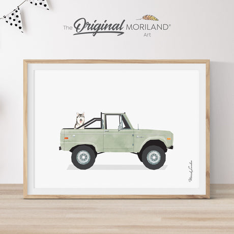 Sage Green Classic Ford Bronco Truck With Husky Dog Print - Printable Art