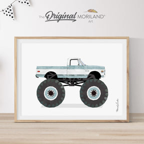 Digital artwork of pale blue monster truck – printable wall art for boys nursery, toddler room, or baby boy gift by MORILAND Art