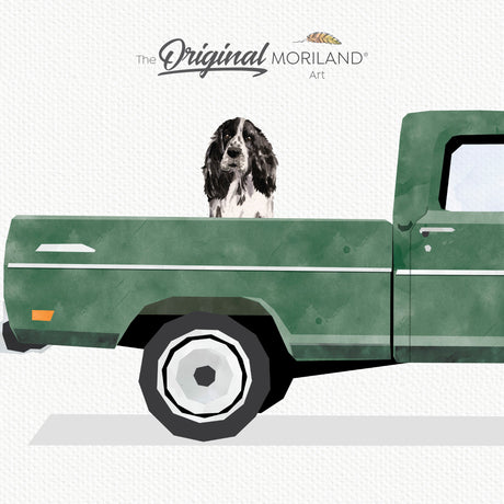 Green Classic Ford F-100 Ranger Truck with English Springer Spaniel Dog Print - Printable Art