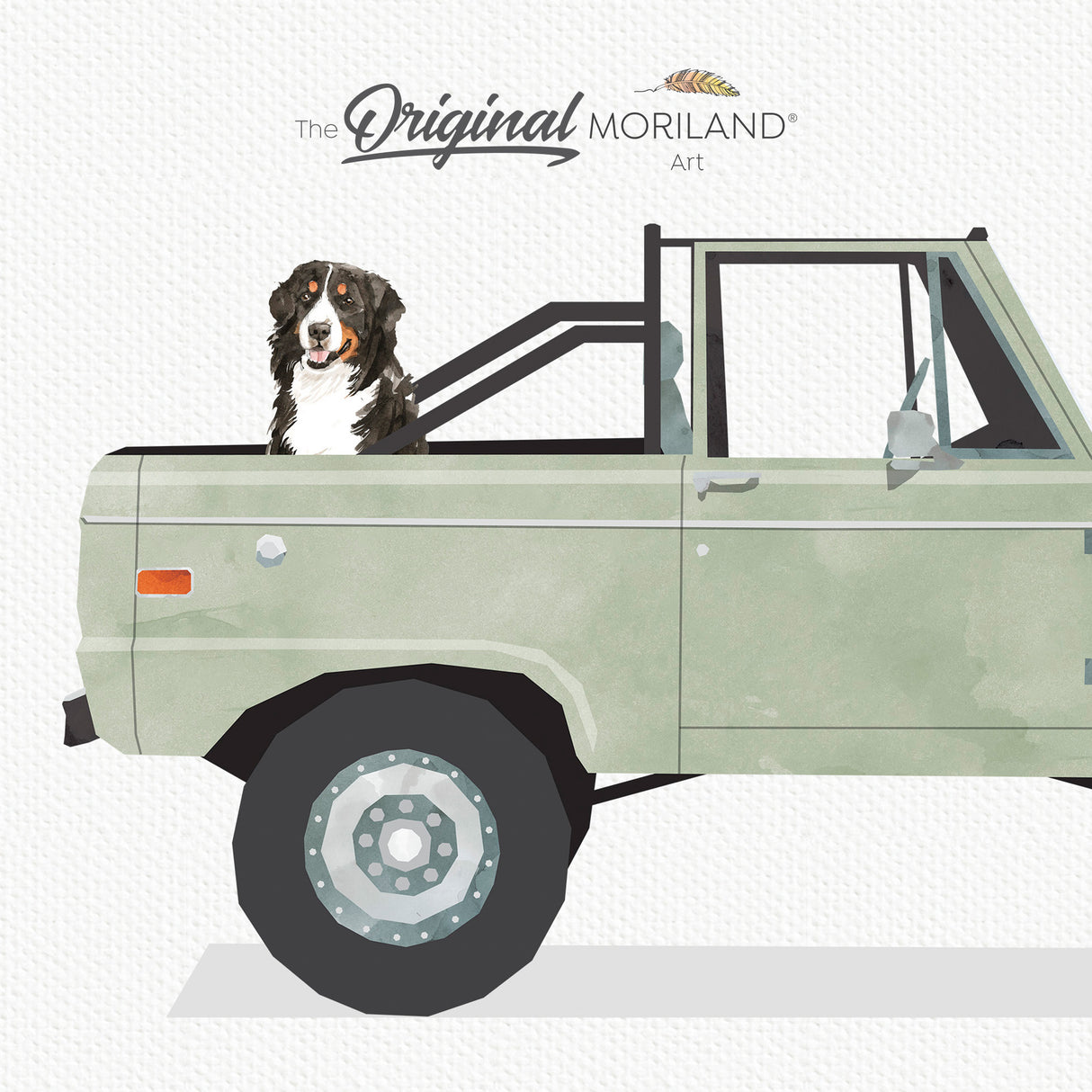 Sage Green Classic Bronco Truck With Bernese Mountain Dog Print - Printable Art