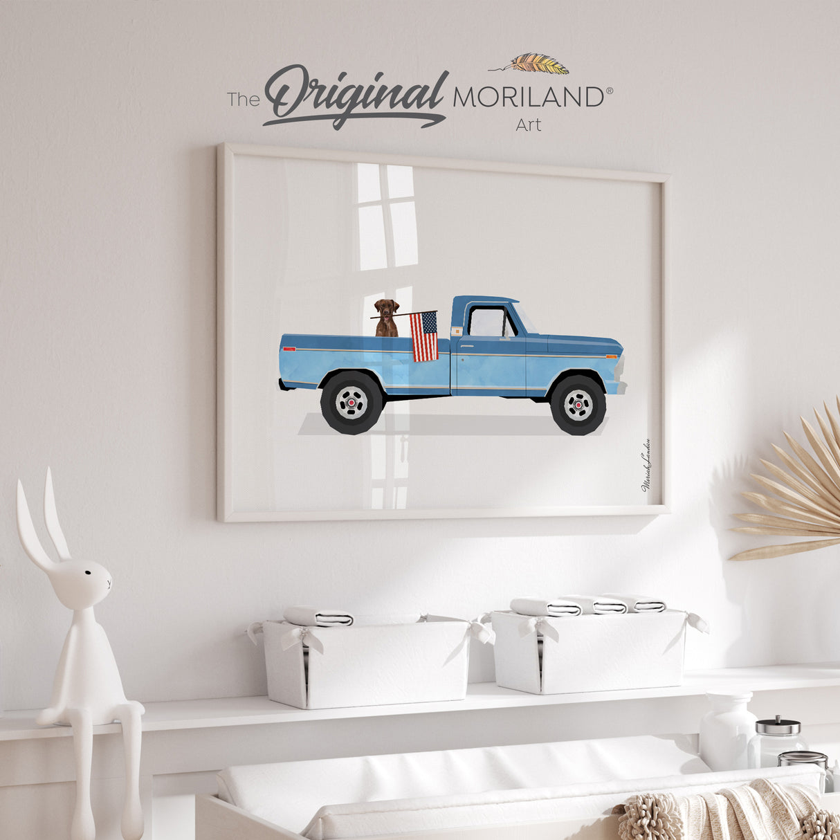 Blue Classic Truck with Brown Labrador Dog and American Flag Print - Printable Art