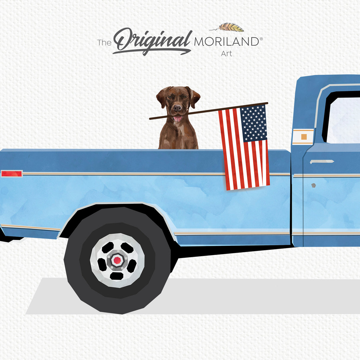 Blue Classic Ford F-100 Ranger Truck with Brown Labrador Dog and American Flag Print - Printable Art