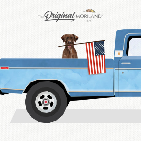 Blue Classic Ford F-100 Ranger Truck with Brown Labrador Dog and American Flag Print - Printable Art