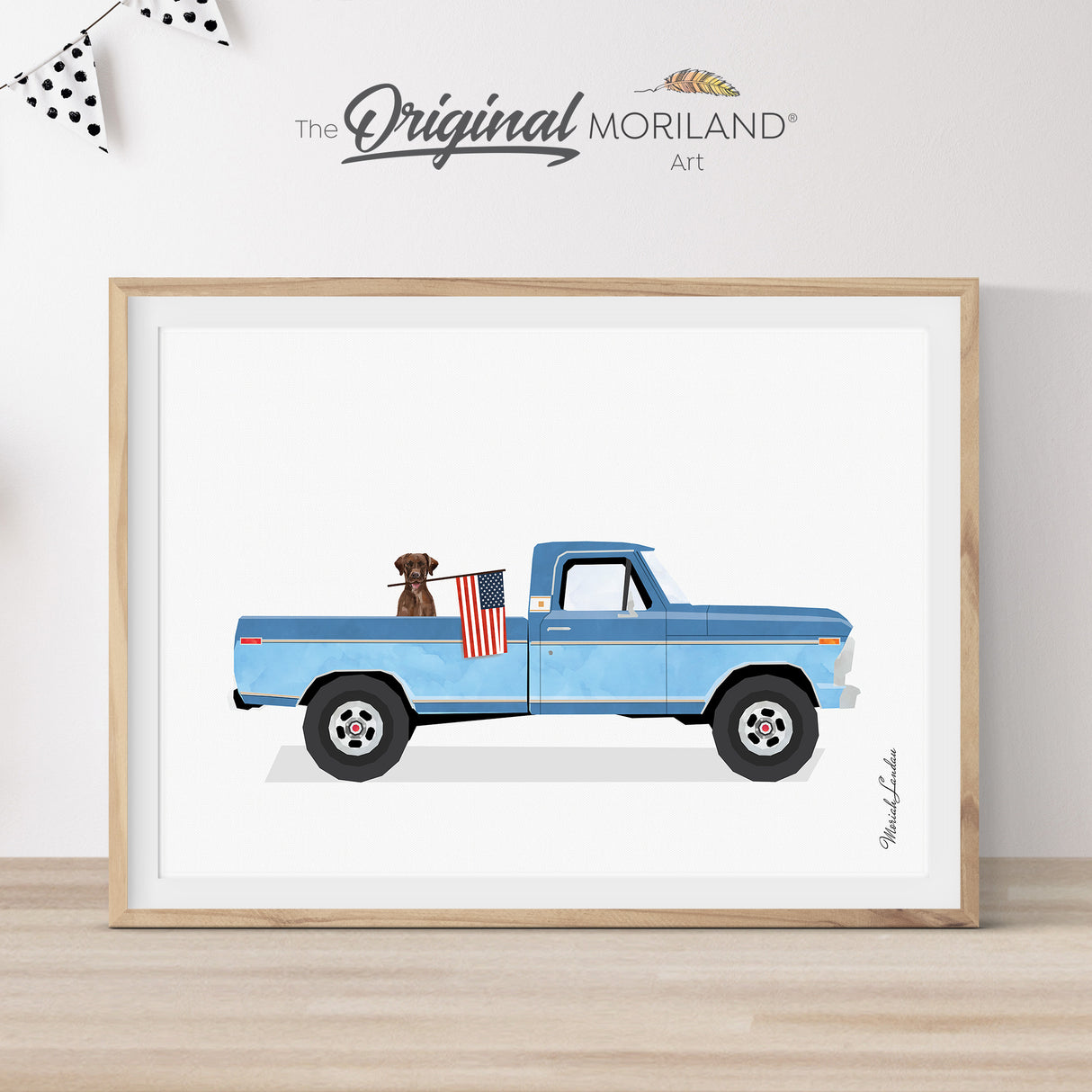 Blue Classic Truck with Brown Labrador Dog and American Flag Print - Printable Art