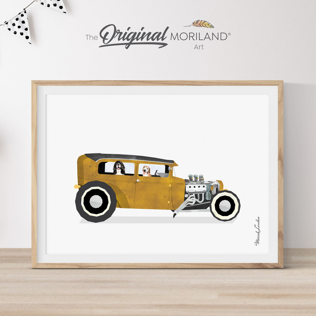 Mustard Yellow Hot Rod Car with Dogs Print - Printable Art