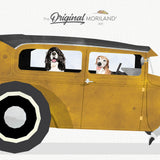 Mustard yellow 1931 Ford Model A chopped Hot Rod car print featuring a Beagle and an English Springer Spaniel, retro printable art for kids' room decor.