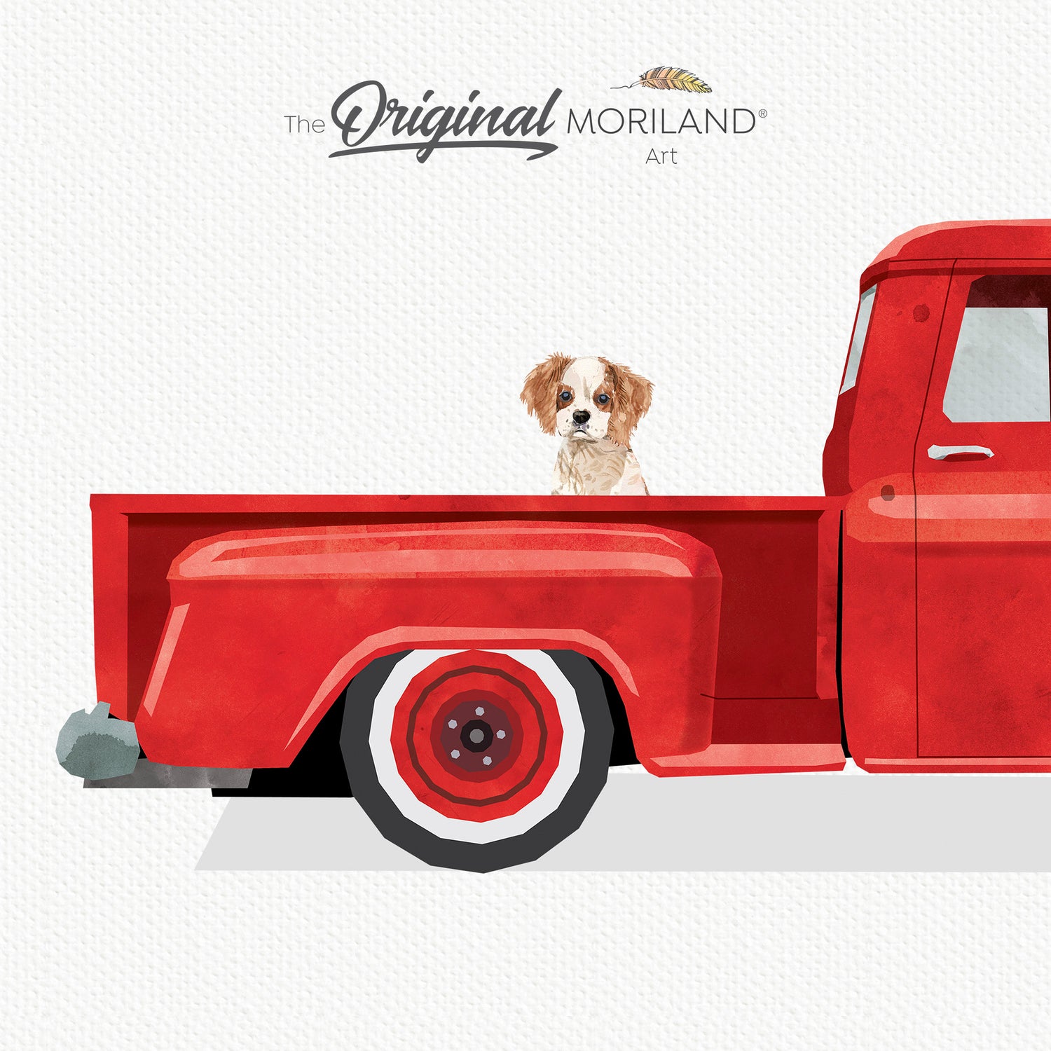 Red Vintage Truck with Cavalier King Charles Spaniel Puppy - Printable Art Print