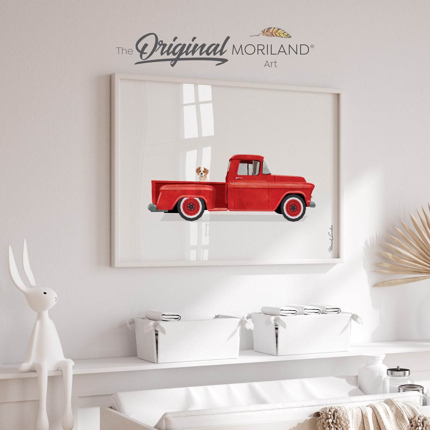 Red Vintage Truck with Cavalier King Charles Spaniel Puppy - Printable Art Print