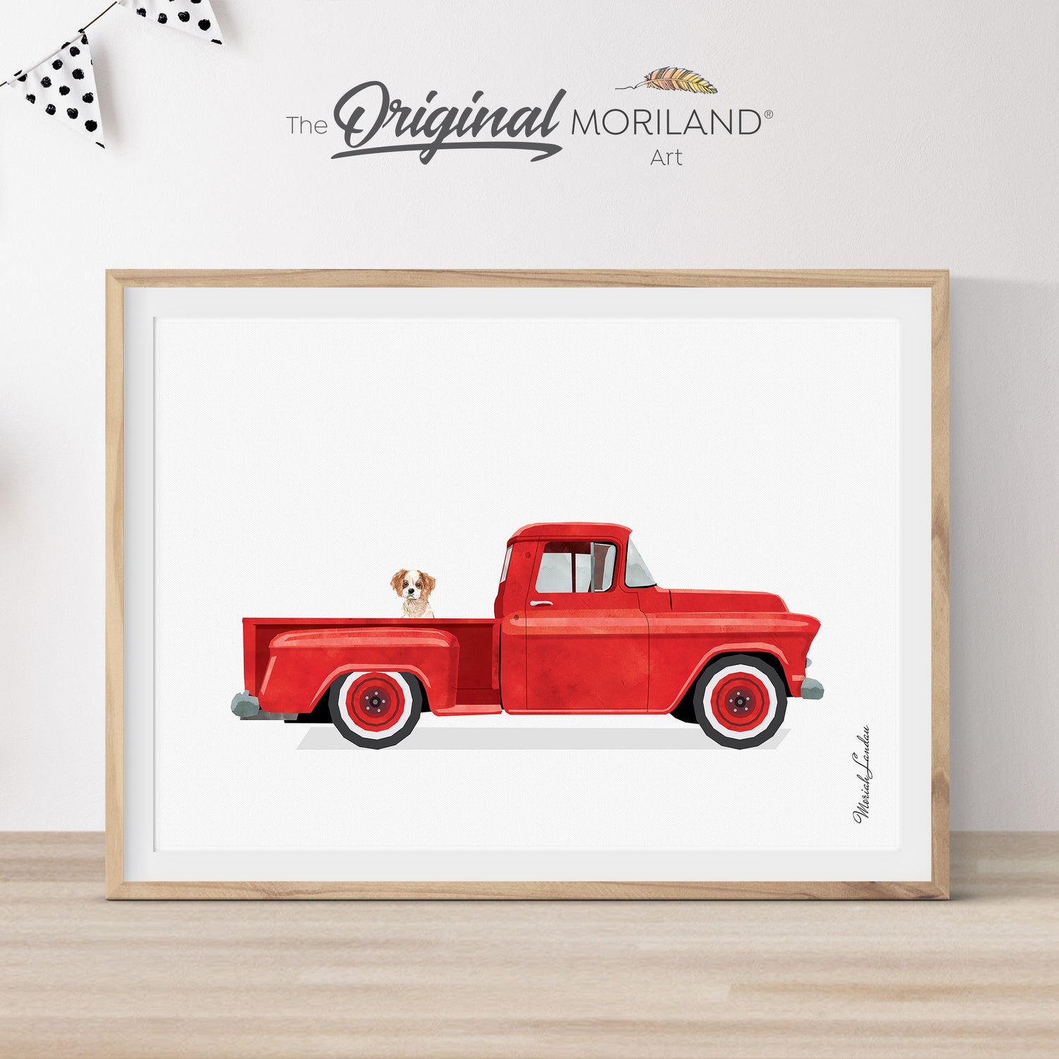 Printable art of a red vintage truck with a Cavalier King Charles Spaniel puppy, perfect for dog lovers and home decor.