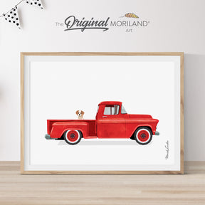 Printable art of a red vintage truck with a Cavalier King Charles Spaniel puppy, perfect for dog lovers and home decor.