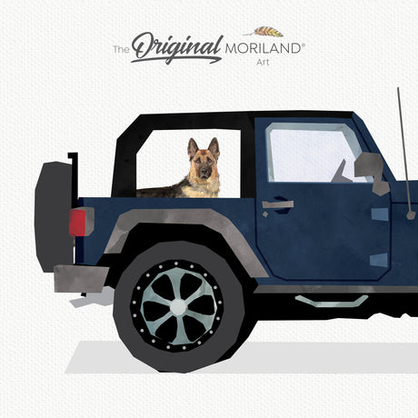 Printable art of a navy blue classic SUV with a German Shepherd dog, ideal for dog lovers and car enthusiasts.