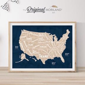 High-resolution printable US map in a classic navy blue and beige color palette. Vintage-style educational wall art for USA 250 and Freedom 250 decor by MORILAND®.