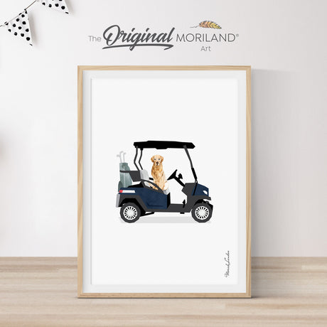 Navy Blue Golf Cart with Golden Retriever Dog Print | Vertical - Printable Art