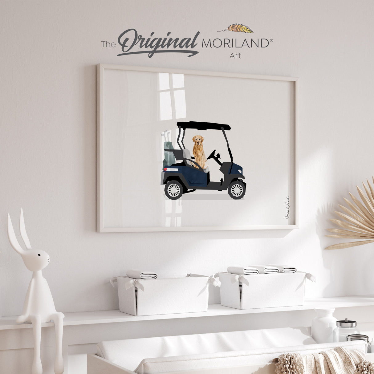 Navy Blue Golf Cart with Golden Retriever Dog Print - Printable Art