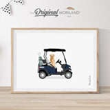 Navy Blue Golf Cart with Golden Retriever Dog Print - Printable Art